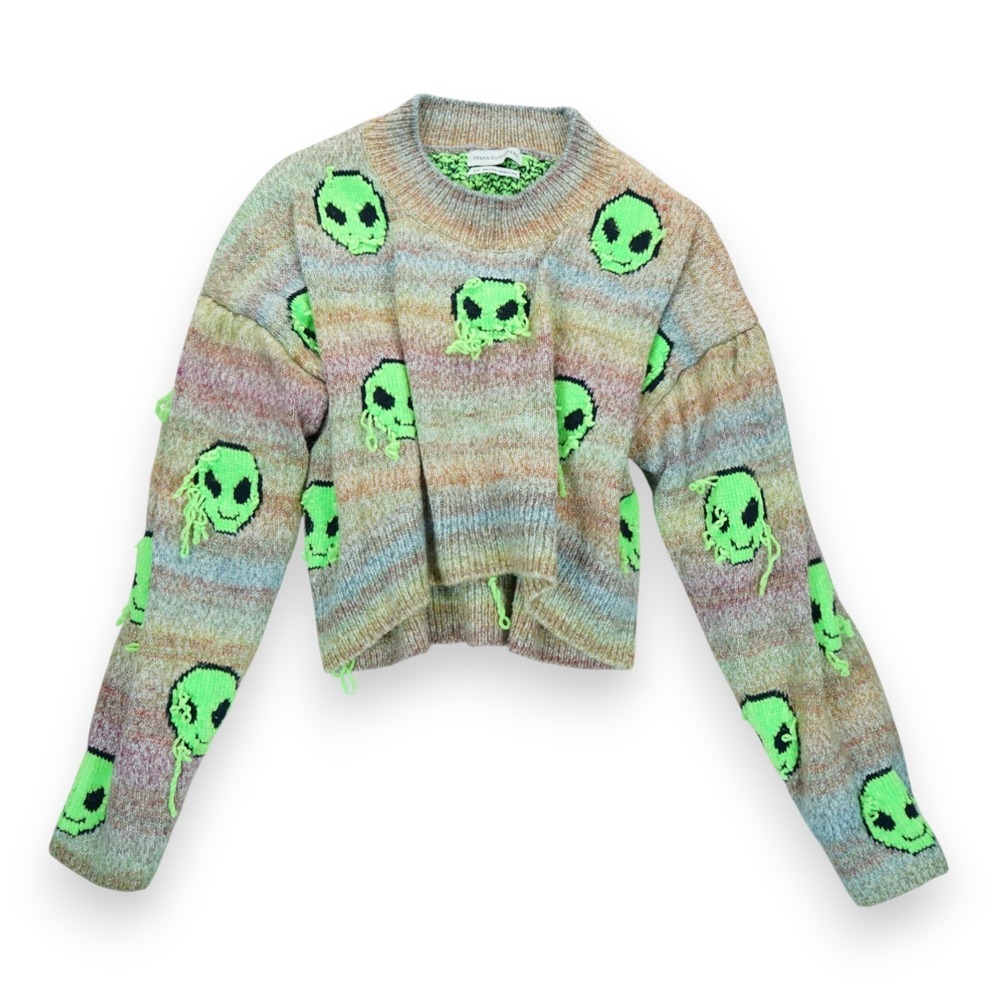 Urban Outfitters Green Alien Faces Knit Cropped Sweater Size Small